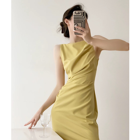Elegant Yellow Draped Boat Neckline Midi Dress - Picture 2 of 10